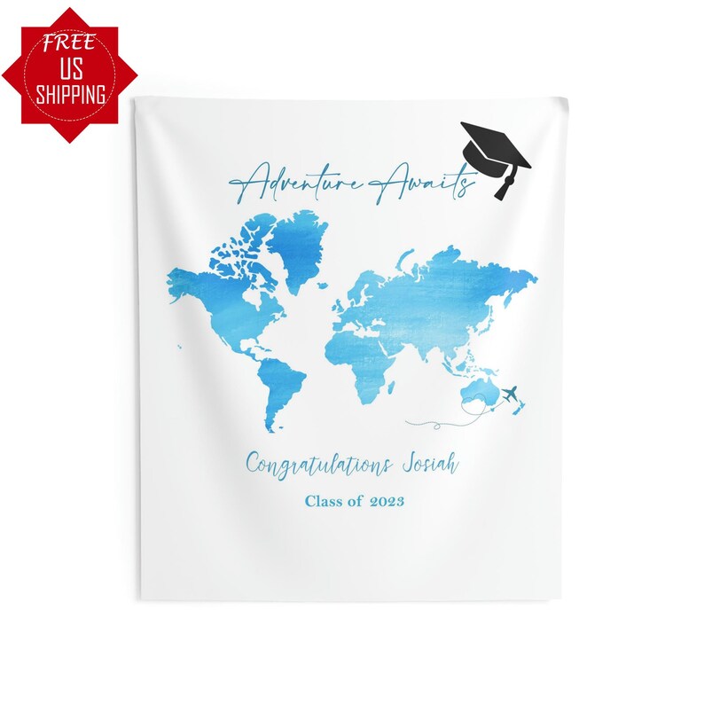 Adventure Awaits Graduation Backdrop, Personalized Travel Grad Cap ...