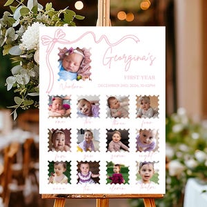 Imprimé fille premier anniversaire jalon signe rose noeud 1er anniversaire Photo mousse panneau jalon affiche papier bébé première année stats