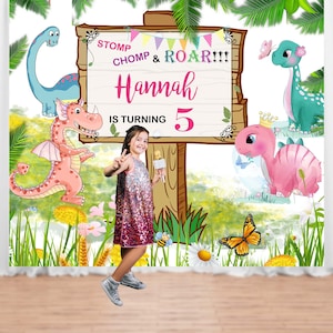 Girl Dinosaur Birthday Backdrop Cute Pink Dino Birthday Banner Jurassic Pink T-rex Happy Birthday Decor Dinosaur Theme Photo booth Backdrop