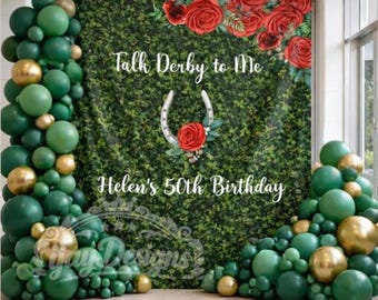 Niestandardowe tło Derby, baner urodzinowy Talk Derby To Me, tkanina, trawa, dekoracja imprezowa Kentucky, czerwone róże, podkowa, baner do fotobudki