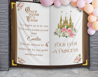 Four Ever A Princess Tło 4 Urodziny Księżniczka Dekoracja Imprezy Dziewczynki Four Ever Magiczny Zamek Baner Once Upon A Time Kwiatowy Fotobudka