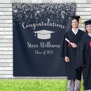 Paillettes d’argent et toile de fond de photo de graduation de la marine / toile de fond d’image de graduation / toile de fond argentée bleue / toile de fond de fête de diplômé d’université 1WBN