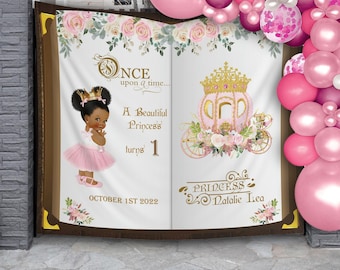 Princess Carriage Birthday Backdrop, Blush Afro Princess Banner, Once Upon a Time Decor, Little Princess Party background, African American