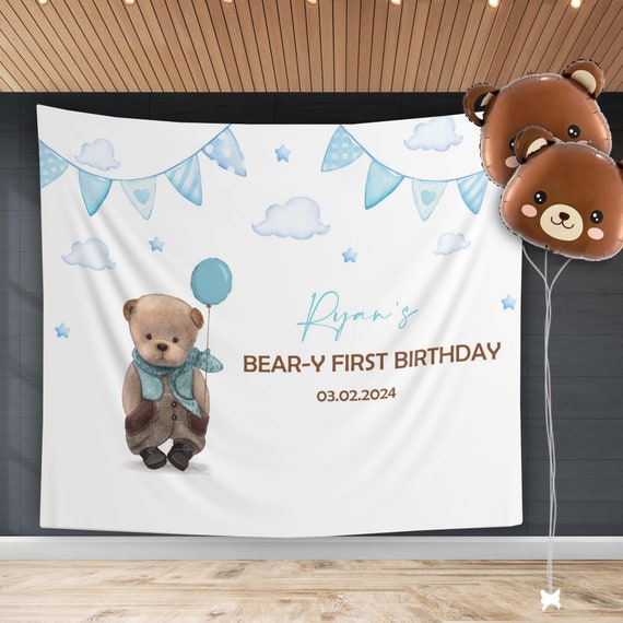 Bear Theme Cake Topper Wooden Teddy Bear High Chair Banner - 1st ...