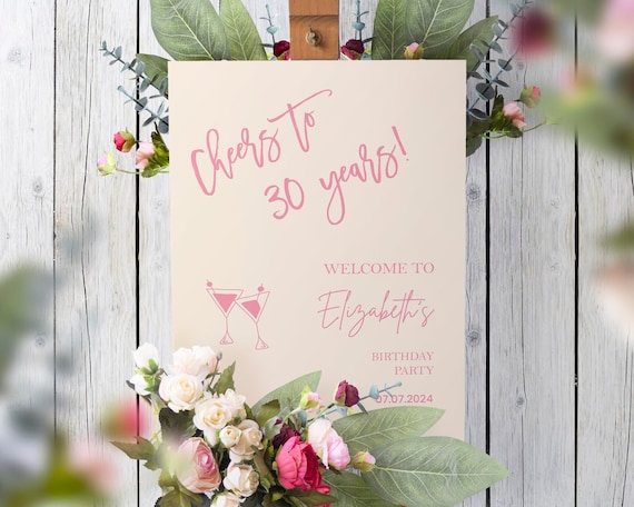 Pink Cocktail Welcome Sign 30th Birthday Poster Any Age Sign Cheers to 30 Years Champagne Glass Foamboard Personalized Party Welcome Sign