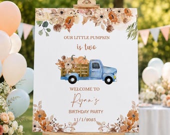 Printed Blue Truck Pumpkin Birthday Welcome Sign, Boho Rustic Foamboard, Fall Decor, First Year One Birthday Poster