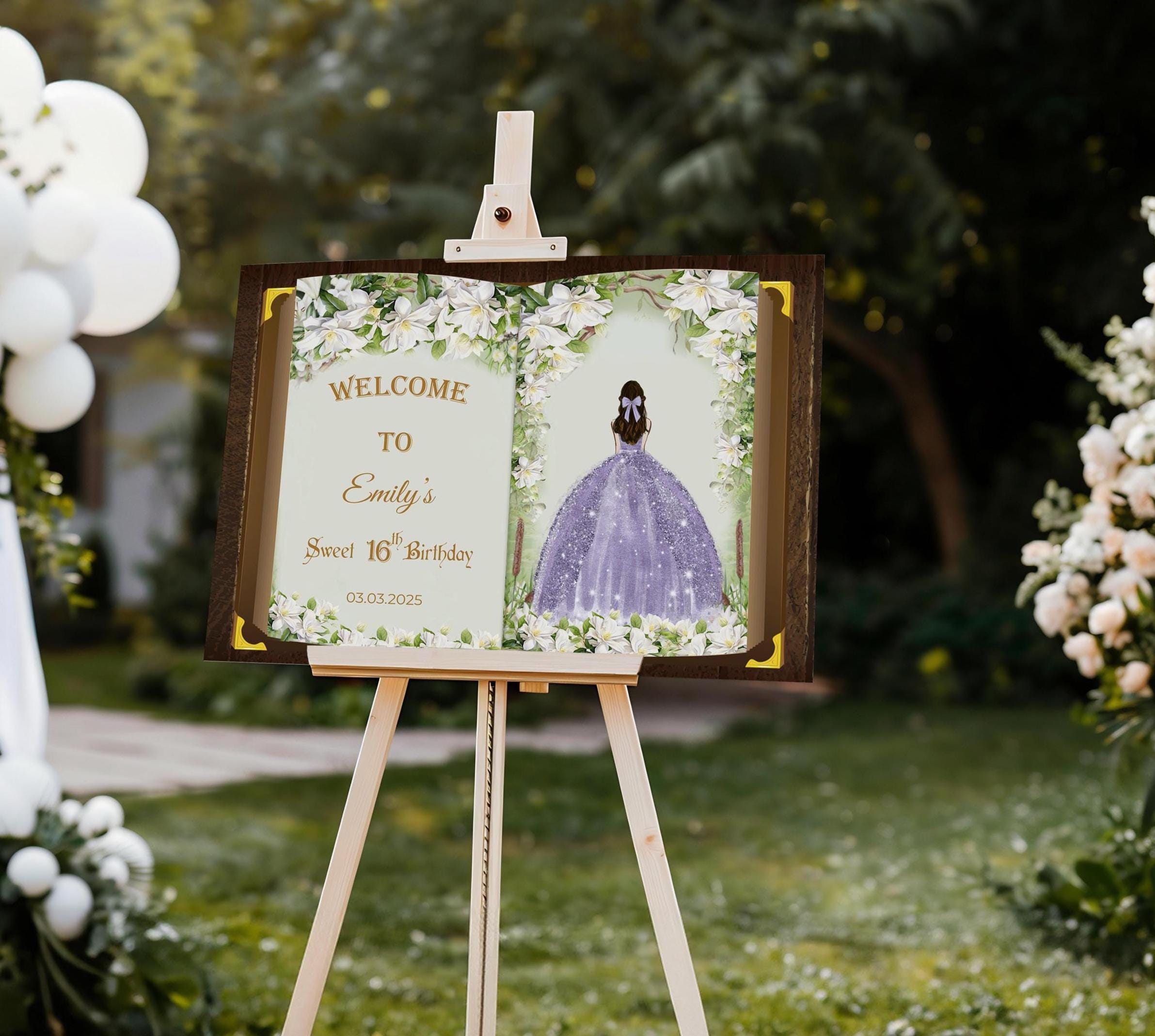 Printed Lavendar Princess Birthday Sign Quinceañera Floral Welcome Sign Sweet 16 Decor 15th Anos Foamboard Once Upon a Time Fairytale Poster
