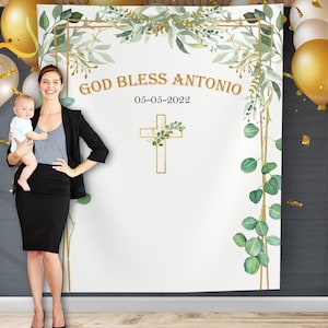 Communion Backdrop Greenery Baptism Backdrop Christening Decoration Greenery Faux Gold First Holy Communion Banner