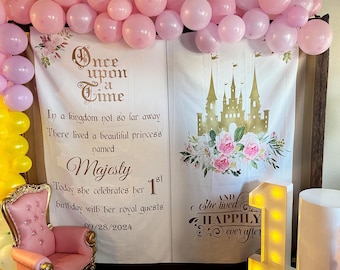 Fotohintergrund 'Prinzessin Geburtstag' – 2,2x1,5 M, Vinyl – Mit Luftballons, Schloss, Regenbogen – Für Kinderfotos, Studio, Partydekoration