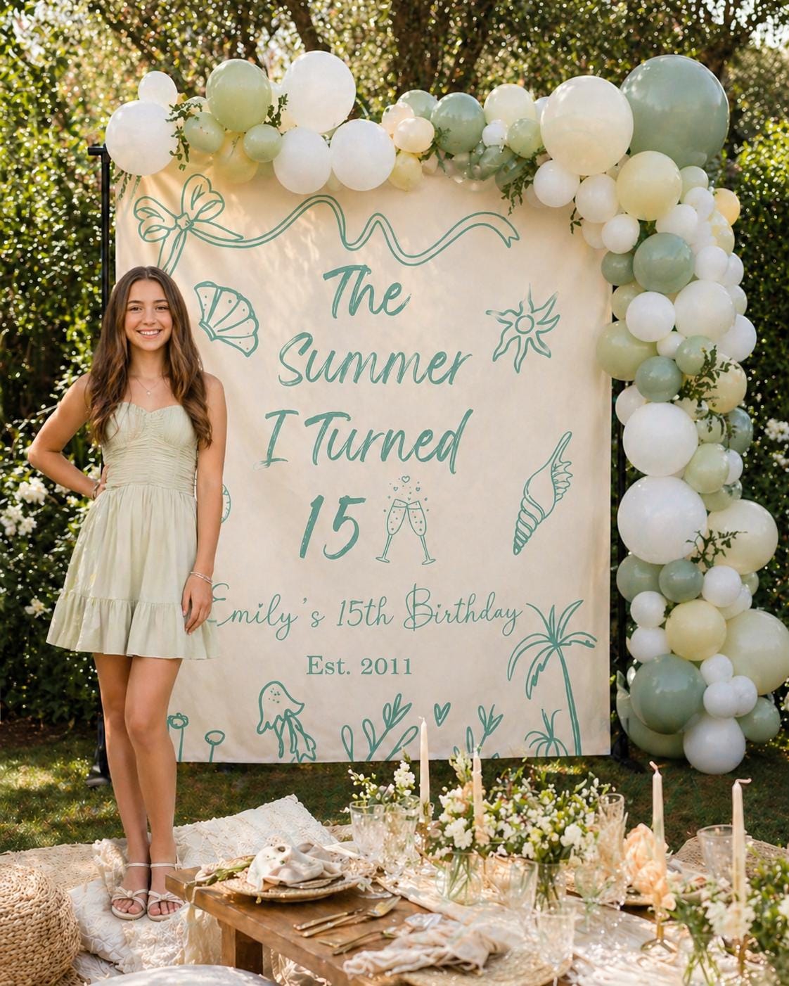 Beach Party Birthday Backdrop, the Summer I Turned, Custom Name Coastal Beach Seashells Banner, Green Ocean Theme
