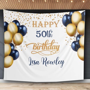 Custom Happy Birthday Banner Personalized 50th 25th Party Balloon Confetti Banner Navy Blue Gold Kid Boys Adult Party Wall Decor Celebration