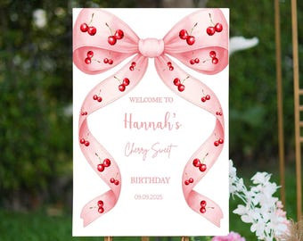 Printed Cherry Sweet Birthday Welcome Sign Pink Bow Birthday Foamboard Blush Ribbon Cherry Party Poster First Birthday 5th Birthday Decor