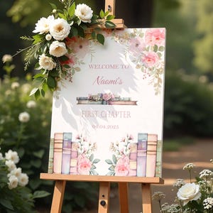 Panneau de bienvenue imprimé premier chapitre, affiche de fête 1er anniversaire, panneau de livres d'un an, panneau de mousse floral fille rose poudré, panneau d'entrée