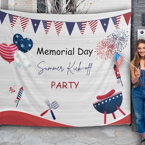 Memorial Day Party Backdrop, Independence Day Picnic Banner, Summer Kick off Barbecque Decor, 4th of July Pool Party Cookout Photo Booth