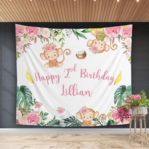 Pink Floral Monkey Jungle Safari Birthday Backdrop Girl Birthday Banner Cute Monkeys Going Bananas Happy Birthday Decoration Little Monkey