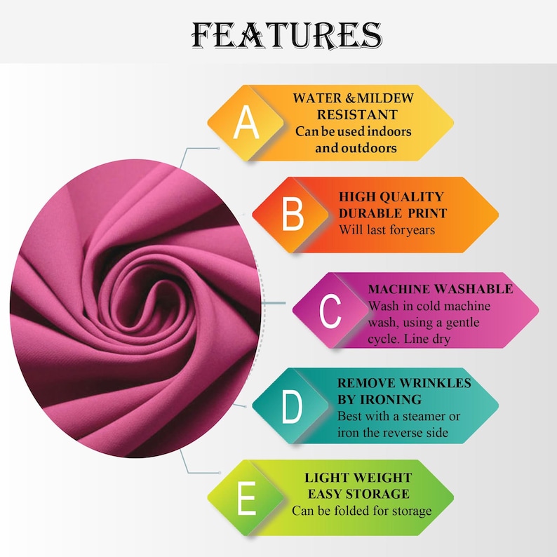 May include: A pink fabric swatch with a close-up view of the texture. The image also features a list of features, including water and mildew resistant, high quality durable print, machine washable, remove wrinkles by ironing, and light weight easy storage.