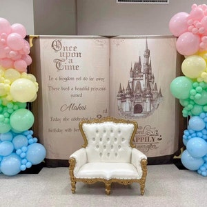 Vintage Storybook Birthday Backdrop Elegant Unique Princess Open Book Banner Once Upon a time Castle Backdrop Gender Neutral Party Decor