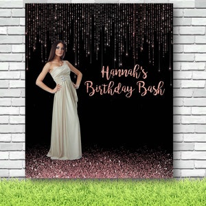 Picture Birthday banner, Rose Gold Birthday Backdrop, Glitter Birthday Party Picture Backdrop, Photo Birthday Banner, Custom Backdrop