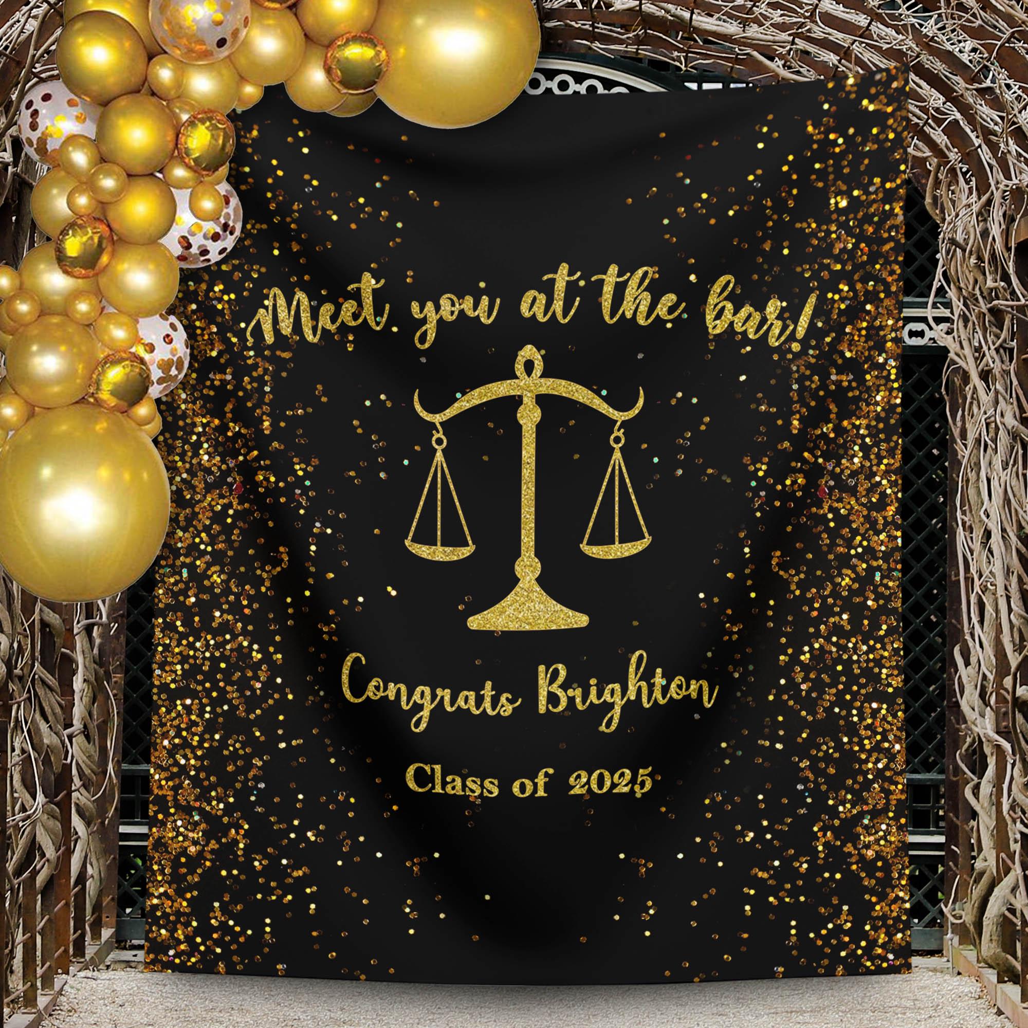 2025 Law School Graduation Decor Black Gold Glitter Lawyer Attorney Grad Backdrop You've Been Served Banner Scales of justice Congrats Grad