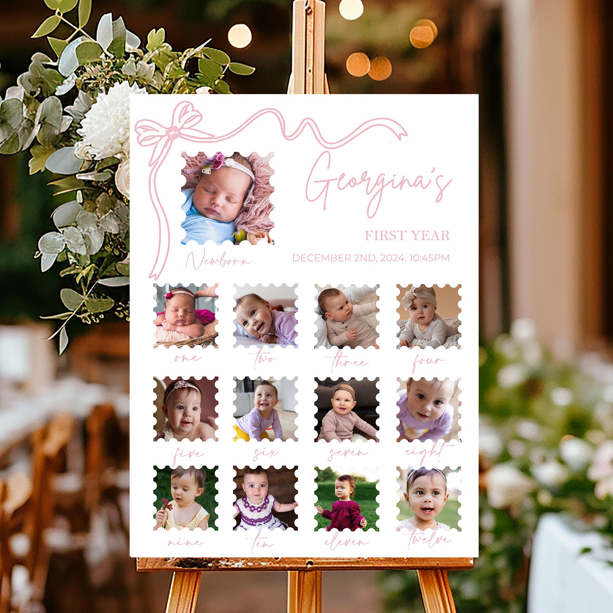 First Birthday Photo Welcome Sign Printed Milestone Foamboard Pink Bow ...