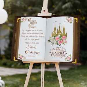 Once Upon a Time Birthday Sign Printed Princess Party Welcome Foamboard Personalized Castle Poster Custom Floral Fairytale Storybook Decor