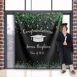 Green Silver 2025 Graduation Backdrop, Grad Party Decoration, Silver Glitter Congratulations Banner, Prom Party Backdrop, College HighSchool