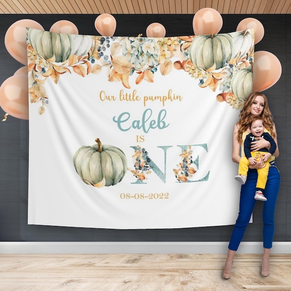 Pumpkin First Birthday Backdrop Boho 1st Birthday Banner Rustic Little pumpkin High Chair Decoration Fall Autumn Neutral colors Photo Booth