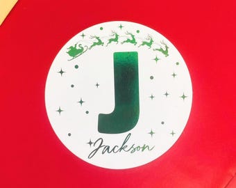 Personalized Christmas Name Tags, Foiled Round Stickers, Custom Initial Gift Labels (Set of 12)