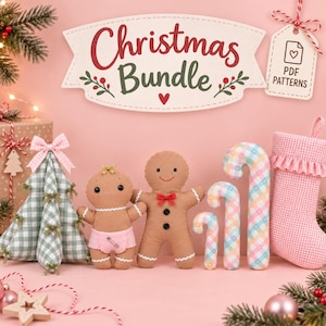 May include: A Christmas bundle of PDF patterns featuring a fabric green gingham tree, a gingerbread person in a pink diaper, a gingerbread person with a red bow tie, three plaid candy canes, and a pink gingham stocking with a ruffled top edge.
