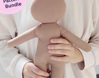 May include: A light brown fabric doll with a round head, simple torso, and outstretched arms. A circular pink graphic in the upper left corner contains the white text PDF Pattern Bundle. The doll has a smooth, plain surface without facial features.