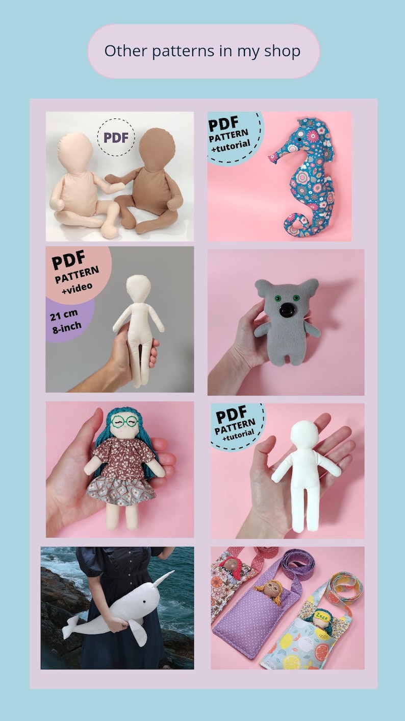 May include: A collection of six different sewing patterns for handmade toys. The patterns include a seahorse, a koala, a doll with glasses, a doll with a dress, a narwhal, and a doll in a pocket. The patterns are available in PDF format and include instructions and tutorials.