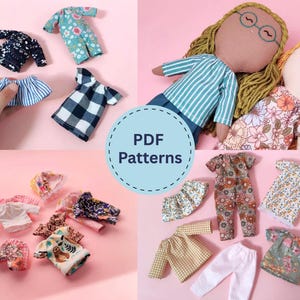 Peut inclure: Une collection de vêtements de poupée comprenant divers hauts, pantalons et jupes à motifs floraux, à carreaux et rayés, ainsi que deux poupées en tissu avec des cheveux en laine et des lunettes brodées, avec le texte PDF Patterns.