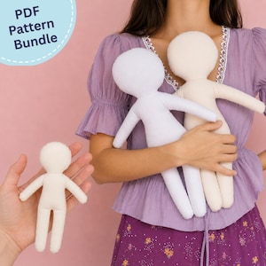 May include: Three blank fabric dolls in different sizes, featuring a simple rounded head, torso, arms, and legs. Two larger dolls are held against a purple top, while one small doll is held in a hand. A blue circular graphic displays the text PDF Pattern Bundle.