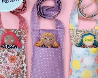 Schnittmuster für einen Schlafsack für eine 12,5 cm große Puppe, ein Puppenbett, eine Umhängetasche für eine kleine Puppe und eine Schlafmaske für eine Stoffpuppe.
