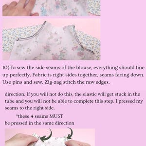 May include: A sewing tutorial page titled Step-by-step Instructions + Pictures featuring floral fabric pieces. It includes text instructions for sewing side seams and creating an elastic casing, with two photographs showing the fabric assembly process.