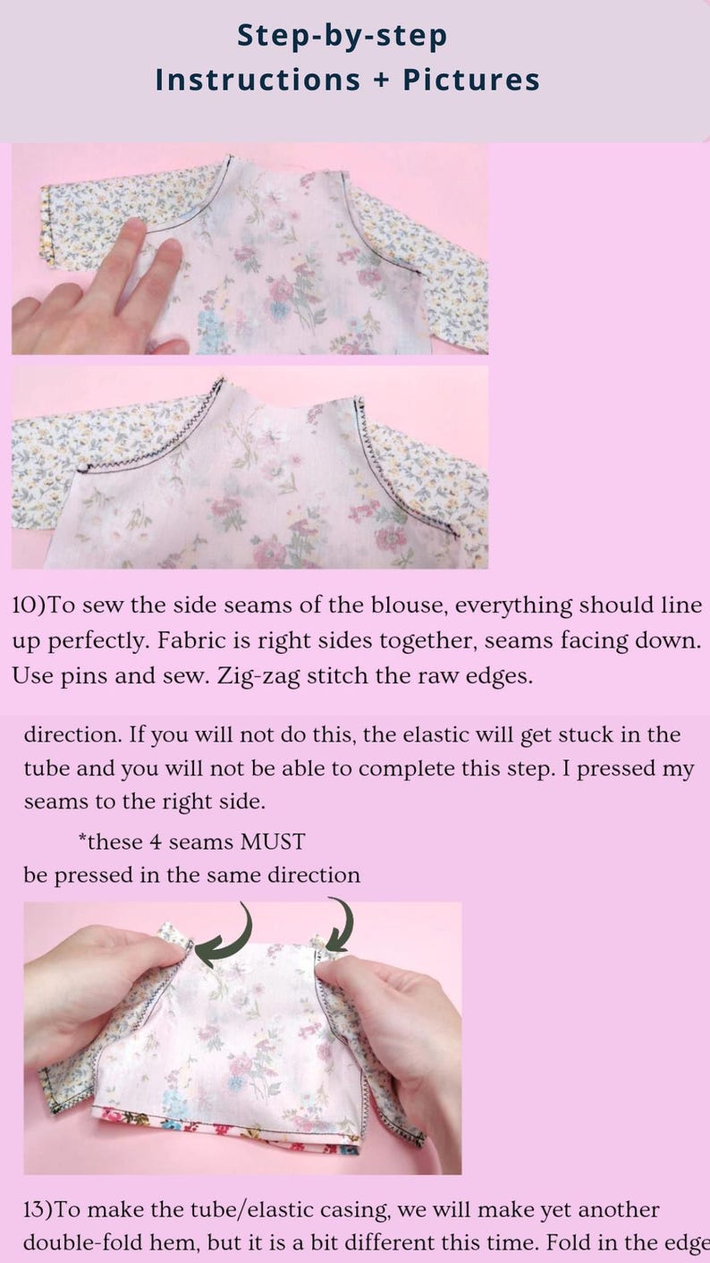 May include: A sewing tutorial page titled Step-by-step Instructions + Pictures featuring floral fabric pieces. It includes text instructions for sewing side seams and creating an elastic casing, with two photographs showing the fabric assembly process.