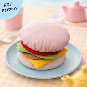 Mönster för sömnad av hamburgare och plysch, låtsasleksak med mat (PDF-nedladdning)