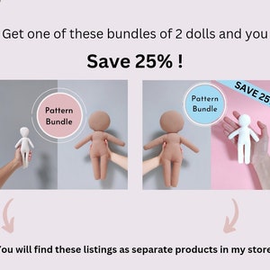 May include: Two doll patterns, one with a light brown body and one with a white body. The text "Pattern Bundle" is in a circle above each doll. The text "Save 25%" is in a blue box above the white doll. The text "You will find these listings as separate products in my store." is below the dolls.