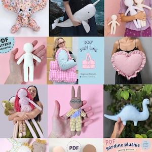 May include: A collage of sewing patterns and finished plush toys including a floral elephant, a white narwhal, fabric dolls, a pink gingham puff bag, a heart-shaped pillow, a rabbit, a blue dinosaur, and three fish with the text Other Patterns.