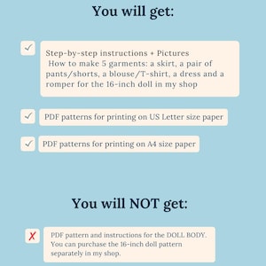 May include: A light blue informational graphic with dark blue text. It lists included items: step-by-step instructions and pictures for 5 garments for a 16-inch doll, plus PDF patterns for US Letter and A4 paper. It excludes the doll body pattern.