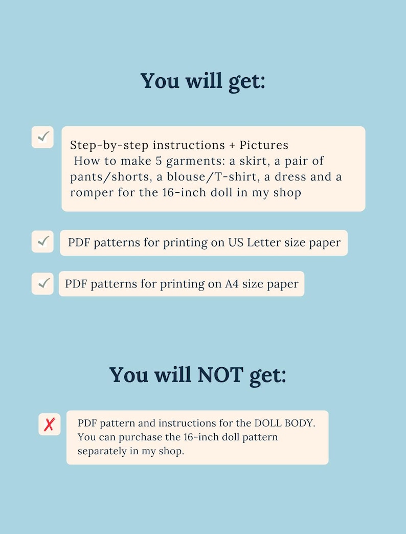 May include: A light blue informational graphic with dark blue text. It lists included items: step-by-step instructions and pictures for 5 garments for a 16-inch doll, plus PDF patterns for US Letter and A4 paper. It excludes the doll body pattern.