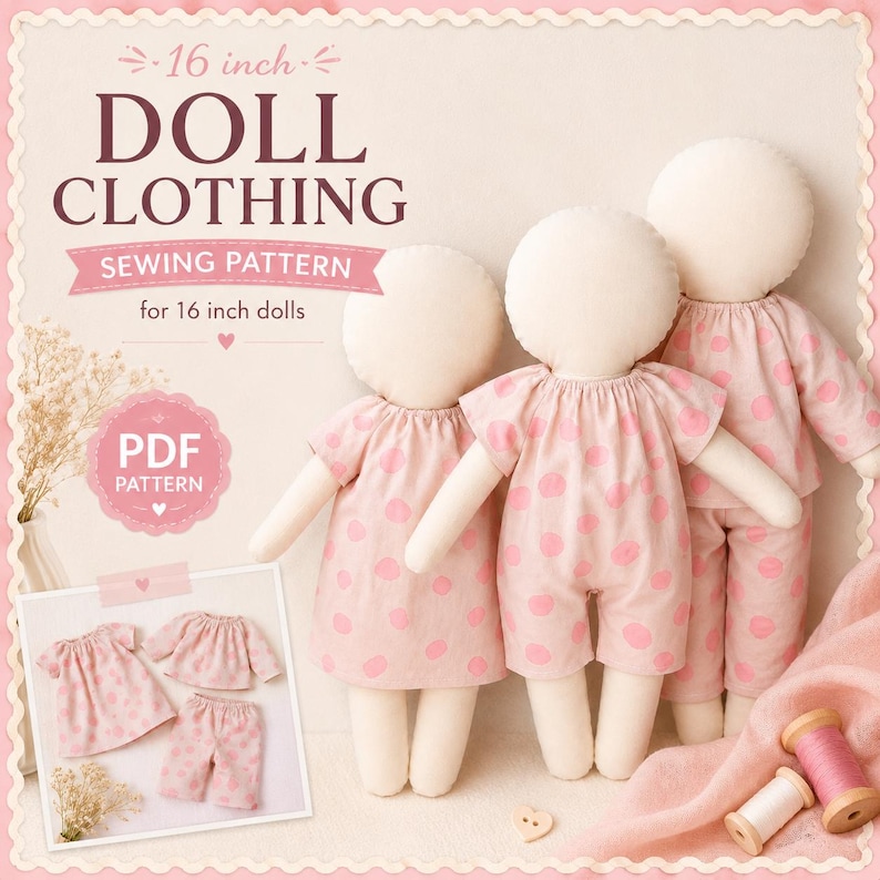 May include: A sewing pattern for 16 inch doll clothing featuring three faceless fabric dolls wearing pink and white polka dot outfits. The text reads 16 inch DOLL CLOTHING SEWING PATTERN for 16 inch dolls and PDF PATTERN. Includes a small inset photo.