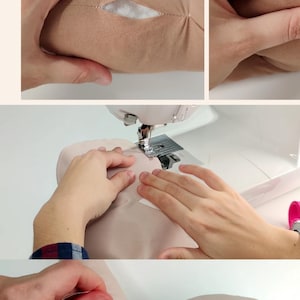 May include: Step-by-step instructions and a video tutorial on how to sew a doll. The images show the process of sewing the doll's arm, sewing the doll's head, and hand-stitching the doll's head to the body.