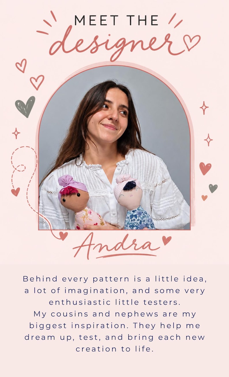 May include: A person wearing a white blouse holds two handmade fabric dolls with yarn hair and patterned clothing. The image features the text MEET THE designer, Andra, and a paragraph about the creative process behind these textile creations.