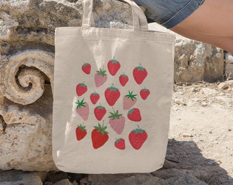 Cute Strawberry Tote Bag Sustainable Tote Cottagecore Tote Eco Friendly Shopping Bag reusable grocery bag Market Bag Canvas Tote Bag