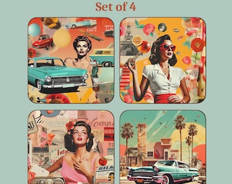 Vintage Poster Coasters, Cute Coasters, Funky Retro Collage Decor, Cork Coaster, Colourful Coaster, Funky Coasters, Cool Coasters Set