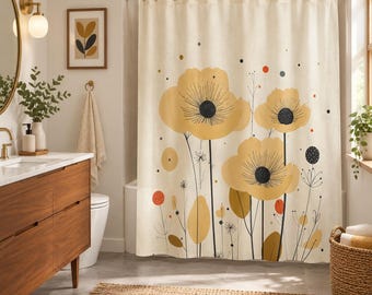May include: A cream-colored shower curtain featuring a botanical print of large yellow flowers with black centers, thin black stems, and small scattered orange and dark gray dots. The design is printed on a fabric curtain hanging from a rod.