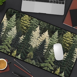 Trees Desk Mat, Gamer Decor Dark Cottagecore Nature Magical Forest Aesthetic Computer Accessories Cute Green Large mouse pad, cottage core
