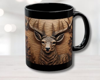 May include: Black ceramic mug with a brown deer head design. The deer has large antlers and is carved into the mug's surface.
