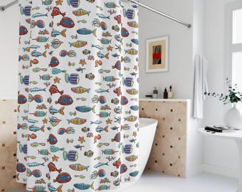 Cute Fish Shower Curtain kids bathroom decor modern shower curtains gender neutral bathroom decor fisherman aesthetic nautical Coastal ocean